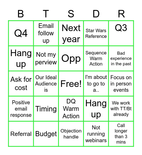 BT SDR Bingo Card