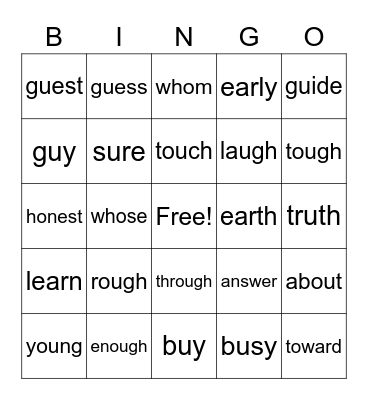 Heart Word BINGO Card