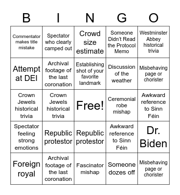 Coronation Bingo Card