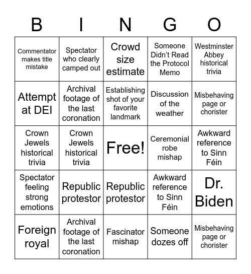 Coronation Bingo Card