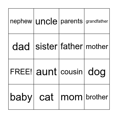 Family Members Bingo Card