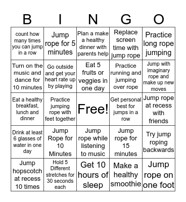 Heart Healthy Jump Rope Bingo K-1 Bingo Card