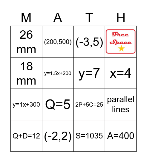 Systems of Equations Bingo Card