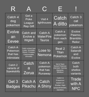 Pokemon Race Bingo Card