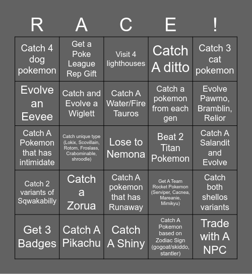 Pokemon Race Bingo Card