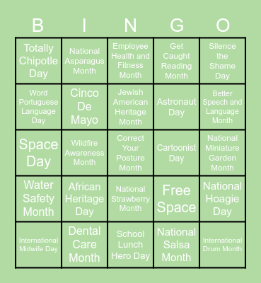 National Holiday Bingo for May Bingo Card