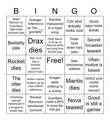 GotG 3 Bingo Card