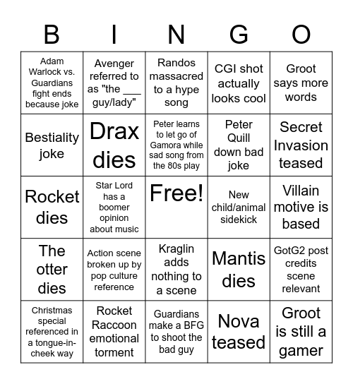 GotG 3 Bingo Card