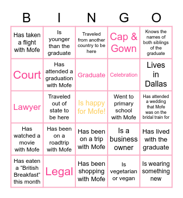 Mofe's Law School Graduation BINGO! Bingo Card