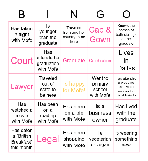 Mofe's Law School Graduation BINGO! Bingo Card