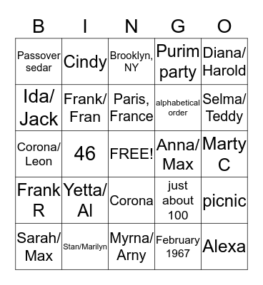 Purim Cousin's Club Bingo Card