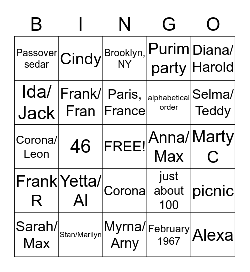 Purim Cousin's Club Bingo Card