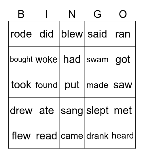 Simple past irregular verbs Bingo Card