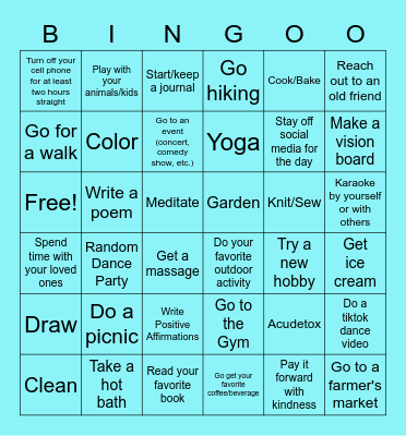 Self-Care Bingo Card