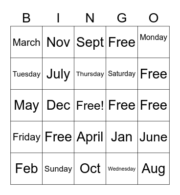 ASL Days / Months Bingo Card
