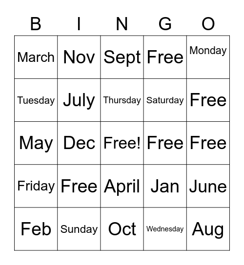 ASL Days / Months Bingo Card