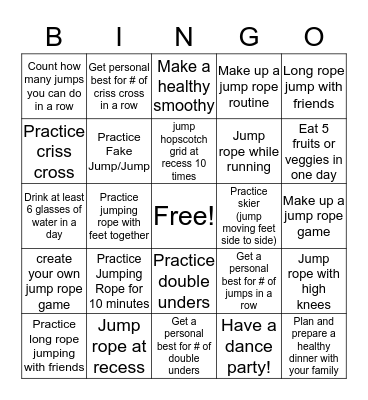Heathy Heart Jump Rope Bingo 2/3/4/5 Bingo Card