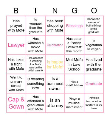 Mofe's Law School Graduation BINGO! Bingo Card