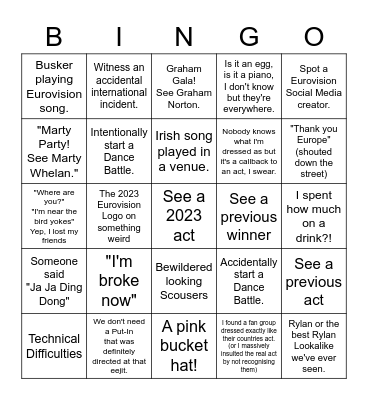 Eurovision Bingo 2023 Bingo Card