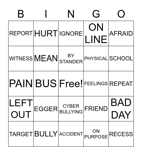 SAY NO TO BULLYING Bingo Card