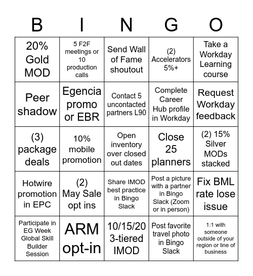 Expedia Week BINGO Card