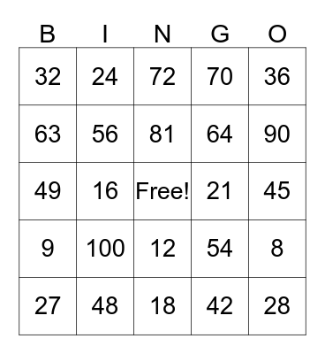 Multiplication Bingo Card