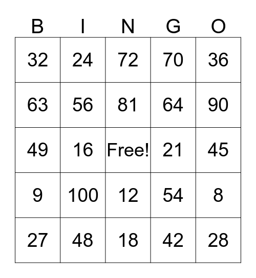 Multiplication Bingo Card