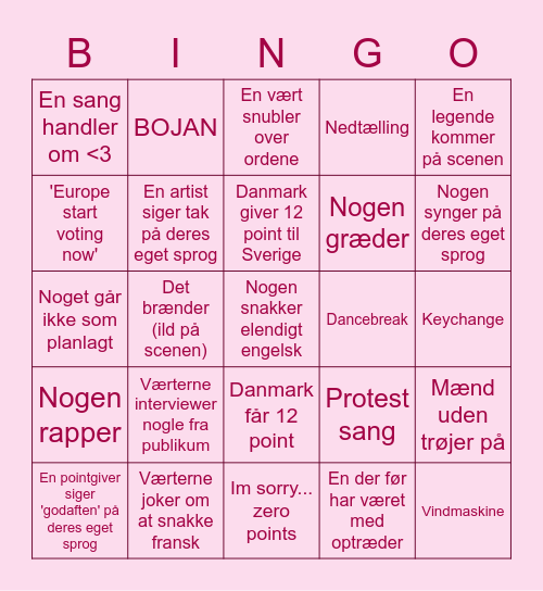 Eurovision Bingo Card