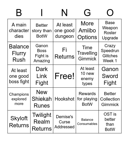 Tears of the Kingdom Bingo Card