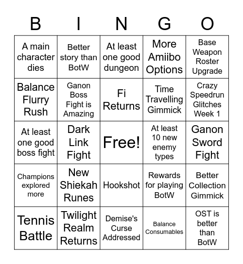 Tears of the Kingdom Bingo Card