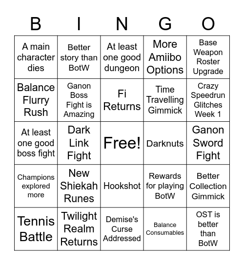 Tears of the Kingdom Bingo Card