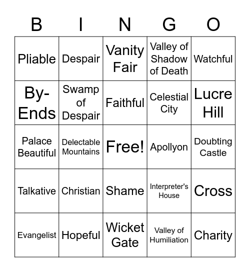 Pilgrim's Progress Bingo Card