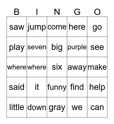 Sight Words Bingo Card