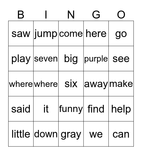 Sight Words Bingo Card