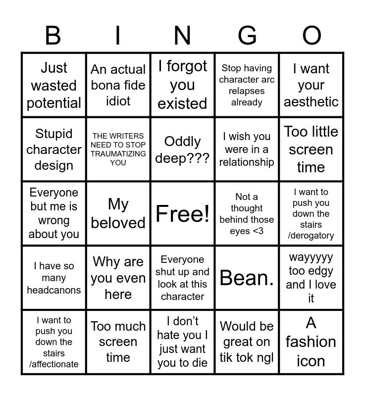 character opinion Bingo Card