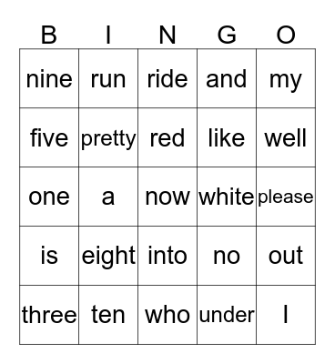 Sight Words Bingo Card