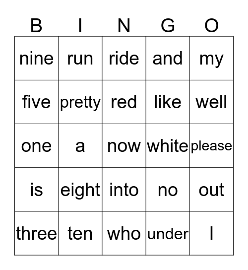 Sight Words Bingo Card