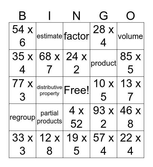 Multiplication Force Bingo Card