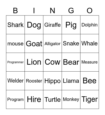 Animals and Jobs Bingo Card