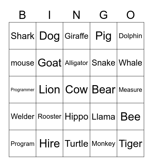 Animals and Jobs Bingo Card