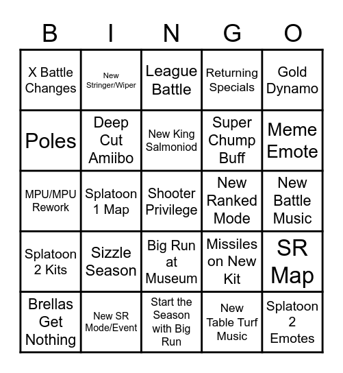 Season 4 Splatoon Bingo Card