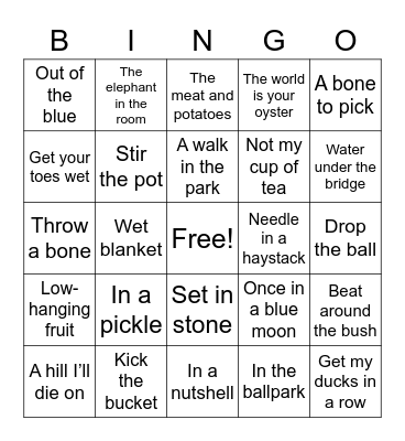 English Idioms Bingo Card