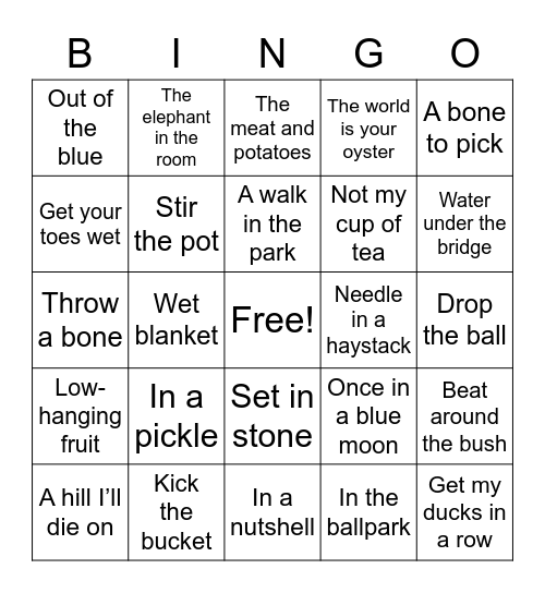 English Idioms Bingo Card
