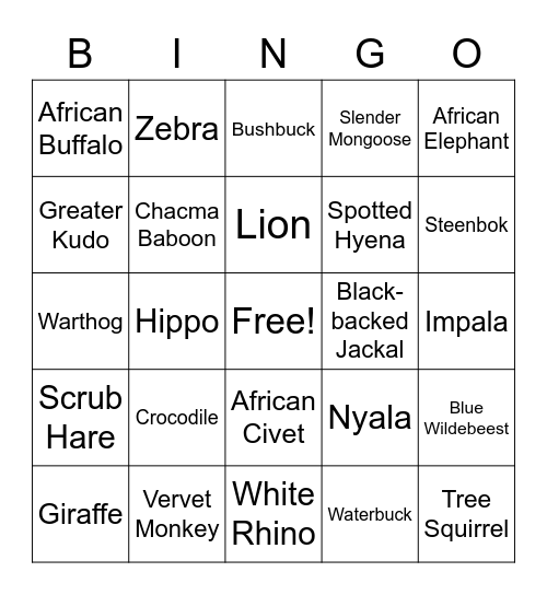 Animal BINGO 1 Bingo Card