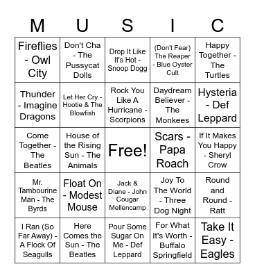 Animal Bands Bingo Card
