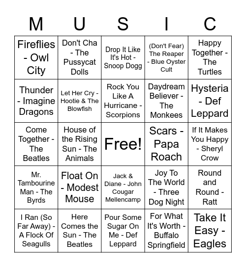 Animal Bands Bingo Card