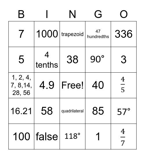 Review 4th Grade Math Bingo Card