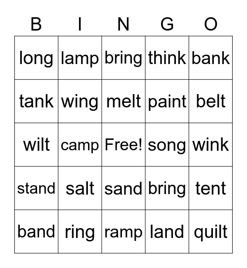 Unit 8 (ng, nd, nk, nt, lt, mp) Bingo Card