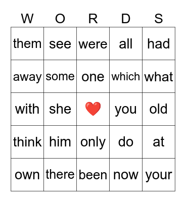 Heart Words Bingo Card