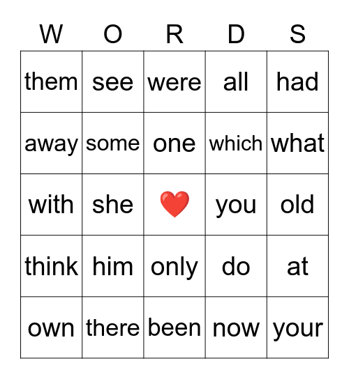 Heart Words Bingo Card